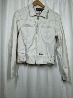 Harley Davidson Cream Denim Jacket Embroidered Y2K Vintage Size Medium Zip